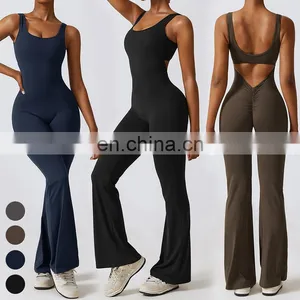 Custom Sexy Bodysuit Workout Wear Gym Fitness Bodysuit Sleeveless Racer Back Hollow Out One Piece Jumpsuits Women Yoga Jumpsuit thumbnail-1