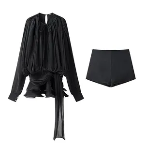 Chic Lantern-sheer Fabric Dress for Women, New Spring Style, Short Skirt, Cinched Waist, Irregular Lotus Leaf Hem, With Tie. thumbnail-1
