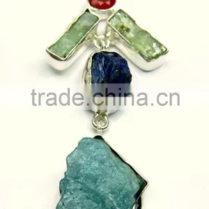 Carnelian Kyanite Aquamarine & Tanzanite Rough Gemstone Pendant, 925 Solid Sterling Silver Pendant, Designer Raw Bezel Pendant thumbnail-2