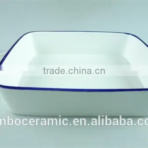 White Blue Line Zakka Style Enamel Ceramic Baking Dish With Handles Rectangular Baking Dish thumbnail-2