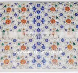 White Makrana Marble Stone Inlaid Coffee Table Top Marquetry Inlay Dining Table Top thumbnail-1