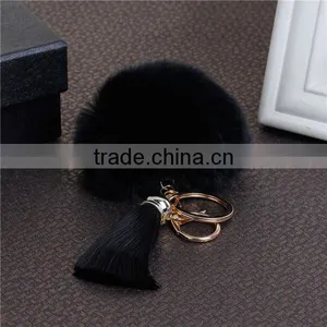 Custom Gold Plated Black Angora Pom Pom Ball Rayon Tassel Custom Keychain thumbnail-1