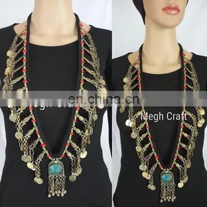 Vintage Kochi Necklace-vintage Coin Afghan Necklace - Vintage Old Coin Long Tribal Bellydance Set thumbnail-1