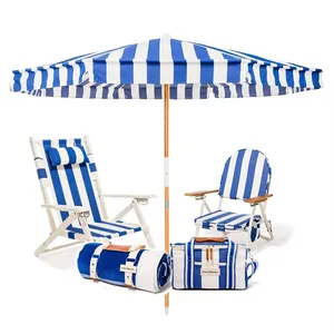 OEM Customized 8FT Windproof Fringe Beach Umbrellas Patio Outdoor Umbrella Wholesale Wood Pole Fiberglass Ribs Tilt Mechanism thumbnail-1