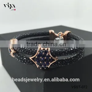 2016 New Arrival Luxury Silver Plated Exotic Genuine White Stingray/ Python Man White Diamond Bracelet For Man thumbnail-2