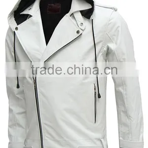 White Leather Hooded Custom Man Fashion Leather Jacket thumbnail-1
