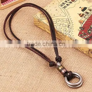 Original Genuine Brown Leather Cord Double Alloy Circle Pendant Punk Jewelry Men Necklace thumbnail-1