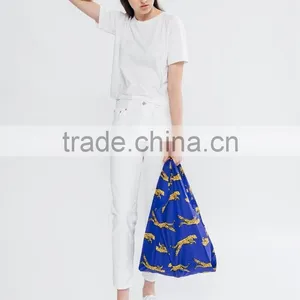Assorted Color ECO Handle Grocery Trendy Sturdy Foldable Pocket Tote Bag Folded up and Stored in a Small Carrying Pouch thumbnail-4