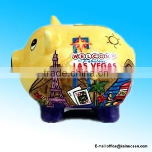 Ceramic Hand Painted Las Vegas Piggy Bank Yellow Puff thumbnail-1