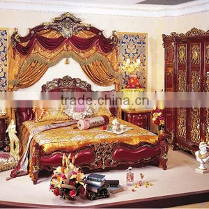 Antique Classic Red Color Solid Wood Wedding King Size Bed, Wedding Bedroom Furniture(MOQ=1 SET) thumbnail-1