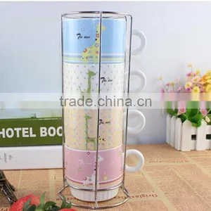Porcelain 4 Stackable Coffee Mugs With Metallic Rack Set thumbnail-4