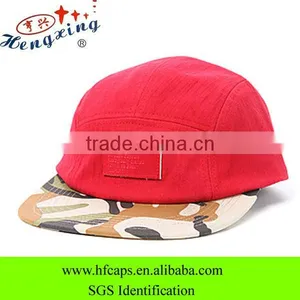 Red Leather Patch Camo Brim no Minimum Custom 5 Panel Trucker Caps thumbnail-1