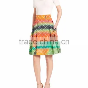 2016 Express Multi Color A-line High-Rise Waist Pleated Cotton Net-Print Midi Knee Length Skirt thumbnail-2