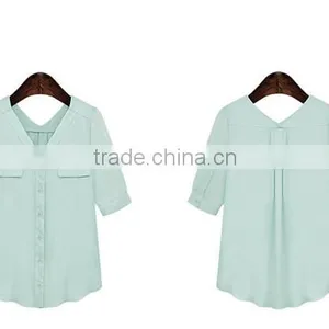 New Design 2 Colors Choice V Neck Short Sleeve Plus Size Women Chiffon Fabric Shirt thumbnail-5