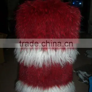 YR768 Top Quality Genuine Raccoon Knit With Tibet Lamb Fur Vest/ Red Fur Vest thumbnail-2