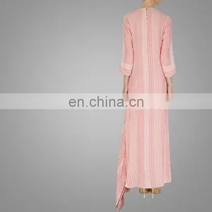 Modern Pink And White Textured Long Dress Fashion Long Sleeves Maxi Dress For Ladies thumbnail-3