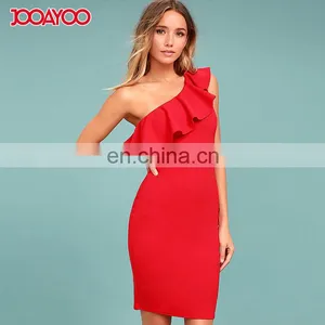 Ladies One Shoulder Ruffle Sheath Bandage Dress Fashion Bodycon Midi Dress thumbnail-1