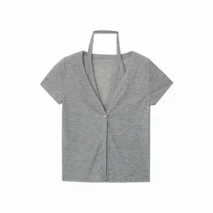 2025 New Women's Clothing French Fashion Hanging Neck Collar Double Layered V-neck Stacked Wear Show Thin Short Sleeve T thumbnail-3