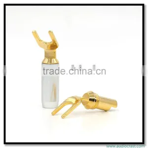 Golden Screw Locking Banana Connector Speaker Spade Fork Plug thumbnail-3
