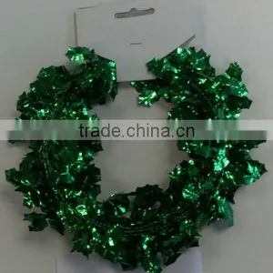 HOT SALE! 9 Feet Christmas Green Metallic PVC Holly Leaf Wired Tinsel Garland thumbnail-1