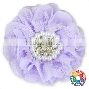Red Chiffon Blossom Fabric Crystal Pearl Center Flowers thumbnail-5