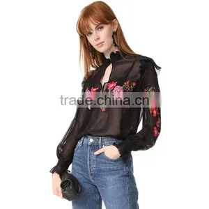 2017 OEM Peony Embroidered Silk-chiffon Button Keyhole Ruffle Blouse thumbnail-6