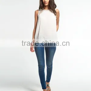 Guangzhou Shandao Supplier Latest Model Casual New Design Sleeveless Net Collar White Chiffon Women Top 2015 thumbnail-3