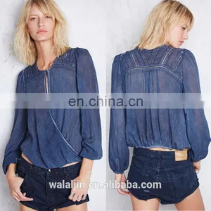 Lace Trimed Long Sleeve Woman Surplice Woven Top thumbnail-1