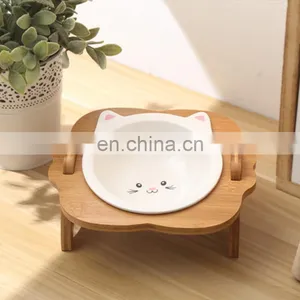 Eco Friendly Custom Designer Luxury Ceramic Stand Elevated Raised Dog Cat Pet Water Food Bowls & Feeders Bamboo Rack Frame thumbnail-1