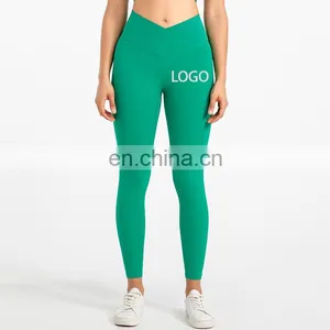 Ready To Ship Custom Logo 20 Neon Colors Yoga Leggings Cross Waistband High Waist Women Gym Sports Wear Yoga Tights Workout Wear thumbnail-3