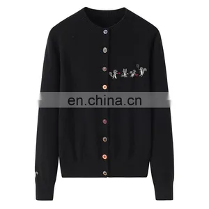 Custom 100% Cashmere Women's Button Knitted Cardigan New Casual Logo Design Crew Neck Single Breasted Closure Animal Winter thumbnail-3