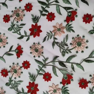 XF6056 Floral Embroidered Fabric Colorful Plants Tulle Embroidery Fabric thumbnail-3