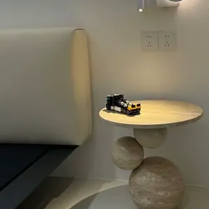 Modern Italian Style Living Room Furniture Round Coffee Table Beige and Black Travertine Marble Stone Tea Dining Table for Home thumbnail-2