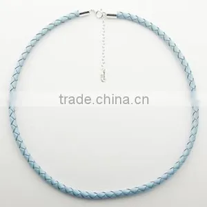 Leather Necklace Sterling Silver Chain Light-Blue Woven thumbnail-1
