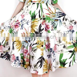 New Midi Half Sleeve Boat Neckline Peony Printed Cotton Flared Vintage Dress 50s thumbnail-3