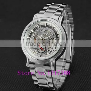 New Fashion Gold Skeleton Watch Men Luury Brand Self Wind Mechanical Wristwatches Male Stainless Steel Analog Clock W125 thumbnail-5