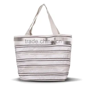Silver Color Stripes Embroidery Elegant Women Canvas Tote Bag thumbnail-1