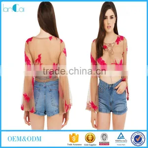 Elegant Women Floral Printed Sheer Long Sleeve Sexy Blouse thumbnail-1