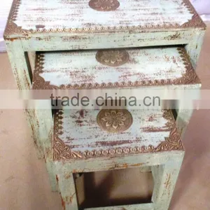 Metal Fitted Green Color Set of 3 Wooden Square Stool thumbnail-1