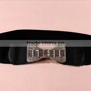 Wholesale Rhinestone Paved Butterfly Buckle Sex Women Lady Wide PU Waist Belt thumbnail-4