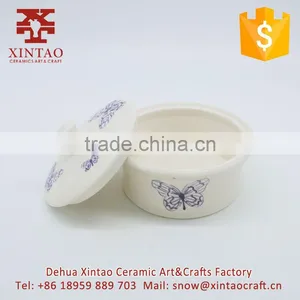 Antique Butterfly Design Porcelain Ceramic Treasure Jewelry Box Round thumbnail-2