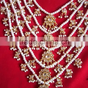 5 Line Bridal KUNDAN Designer Pearl GOLD PLATED Necklace DANGLER EARRING Set thumbnail-4