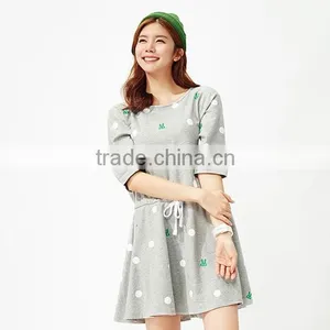 Female Money Shallow Hemp Grey Knitted Rabbit Dot Printing on the Waist Rope Bat Sleeve Dress thumbnail-1