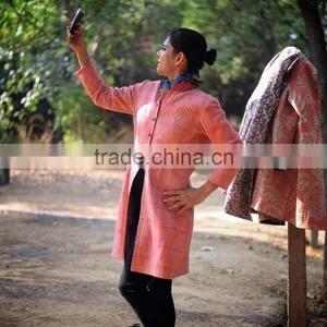 Vintage Kantha Long Accent Jacket in Beautiful Vintage Pink With a Saree Border Collar ~ Large thumbnail-2
