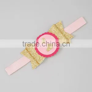 New Girls Birthday Headband With Gold Bow Sparkle Cute Baby Girl Hair Band Fancy Children Accessories HA90423-27 thumbnail-1