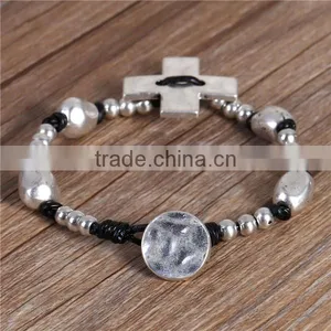 Wax Rope Hand Made Beaded Bracelets Antique Silver Black Cross Round 21cm Long thumbnail-1
