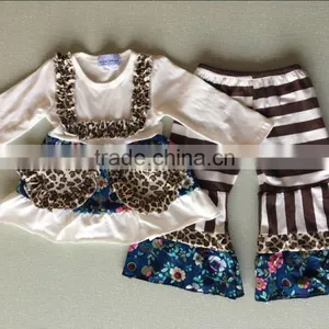 2017 New Brown and White Striped Outfits With Leopard Sets Stylish and Ruffle Pants thumbnail-1
