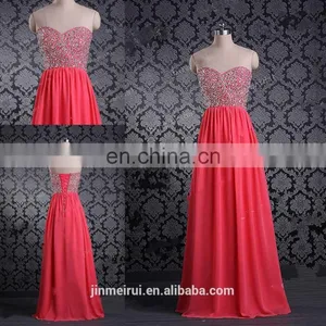 Beaded Rhinestones Sweetheart Bodice Corset Prom Gown Chiffon Floor Length Coral Prom Dresses thumbnail-1