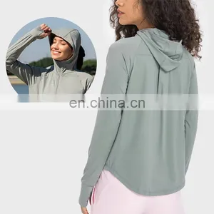 Custom Logo Outdoor Training Sportswear Hoodie Jacket Thumb Hole Sun Protection Clothing Yoga Gym Jacket For Women Workout Wear thumbnail-1