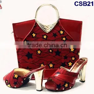 CSB2100 New Coming Hot Sale Fantastic Adorable Design Yellow Red Set High Heel Casual Slippers Shoes Matching Bag Set thumbnail-4